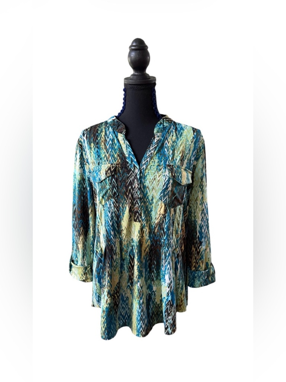 Cocomo Multicolor Blue Green Chevron Blouse